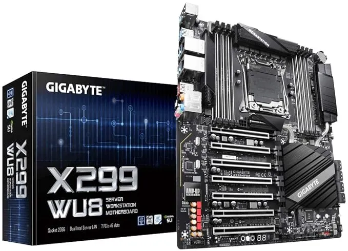 GIGABYTE X299-WU8 Server Motherboard with 7 PCIe x16 Slots, Dual Intel Server LAN, PCIe x4 M.2, USB 3.1 gen 2 Type-C.