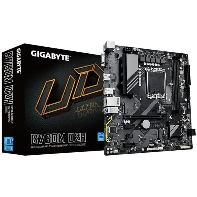 GIGABYTE INTEL B760M D2H MOTHERBOARD with 6+2+1 Phases Digital VRM Solution Intel® Socket LGA 1700：Support 13th and 12th Gen Series Processors Dual Channel DDR5：2*DIMMs XMP Memory Module Support