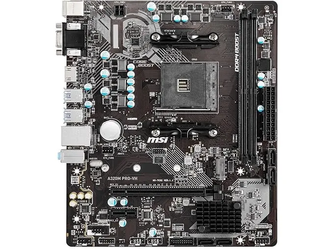 intel MSI A320M PRO-VH ProSeries Motherboard (AMD AM4, DDR4, PCIe 3.0, SATA 6Gb/s, USB 3.2 Gen 2, M.2 Slot, DVI/HDMI, Micro-ATX)