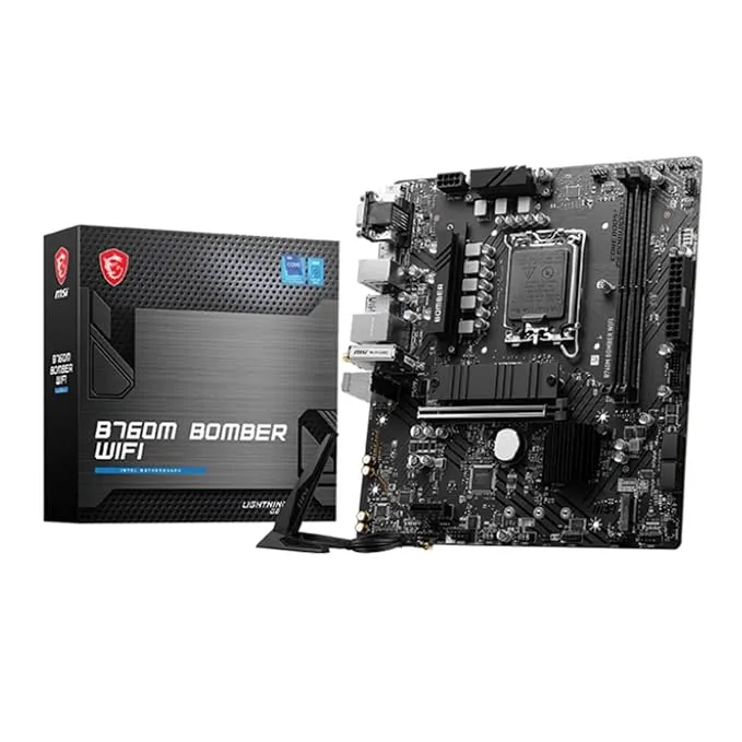 intel MSI B760M BOMBER WIFI Motherboard, Micro-ATX - Supports 14th/13th/12th Gen Intel Core Processors, LGA 1700 - DDR5 Memory Boost 6400MHz/MAX, PCIe 4.0 x16 Slot, M.2 Gen4 Slot