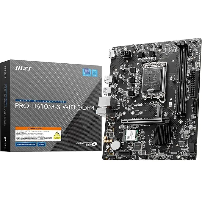 intel MSI PRO H610M-S WiFi DDR4 Motherboard, Micro-ATX - Supports Intel Core 14th, 13th and 12th Gen Processors, LGA 1700 - DDR4 Memory Boost 3200MHz/MAX, PCIe 4.0 x16 Slot, M.2 Gen3 Slot, Wi-Fi 6E, BT 5.3