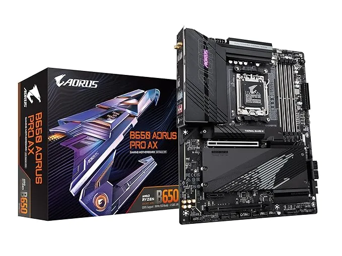 GIGABYTE B650 AORUS PRO AX (AM5/ LGA 1718/ AMD B650/ ATX/ 5-Year Warranty/ DDR5/ Quad M.2/ PCIe 5.0/ USB 3.2 Gen2X2 Type-C/WiFi 6E/ Intel 2.5GbE LAN/Q-Flash Plus/EZ-Latch/Gaming Motherboard)