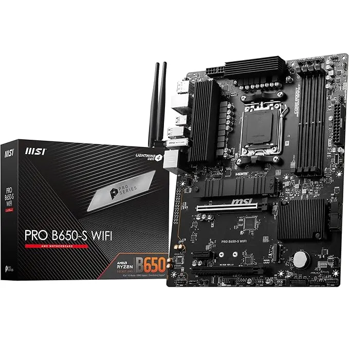 intel MSI PRO B650-S WiFi ProSeries Motherboard (AMD AM5, ATX, DDR5, PCIe 4.0, M.2, SATA 6Gb/s, USB 3.2 Gen 2, HDMI/DP, Wi-Fi 6E, AMD Ryzen 7000 Series Desktop Processors)