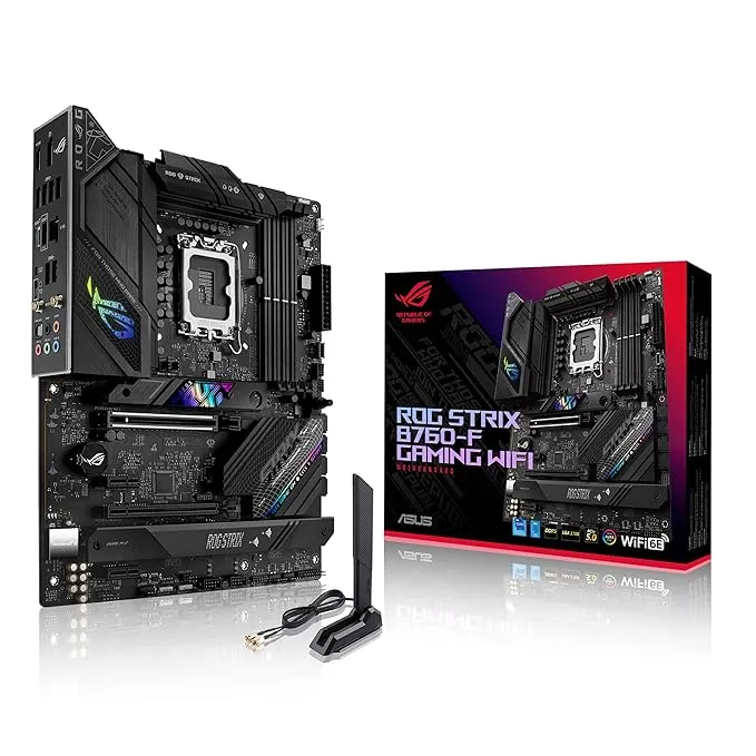 ASUS ROG STRIX B760-F GAMING WIFI LGA 1700 ATX motherboard with 16+1 power stages, DDR5, PCIe 5.0 SafeSlot, 3 PCIe 4.0 M.2, WiFi 6E, 2.5G Ethernet, USB 3.2x2 Type-C, AI Noise Cancelation, & Aura Sync