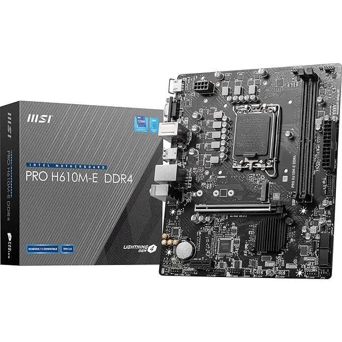 intel MSI PRO H610M-E DDR4 Motherboard, Micro-ATX - Supports 14th/13th/12th Gen Intel Core Processors, LGA 1700-2 x DIMMs (3200MHz), 1x PCIe 4.0 x16 slot, 1 x M.2 Gen3, USB 3.2 Gen1, 1G LAN, HDMI 1.4 & VGA