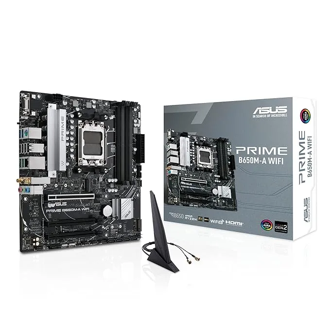 ASUS Prime B650M-A WiFi Micro-ATX Motherboard, DDR5, PCIe 5.0 M.2 Support, 2.5Gb Ethernet, Wi-Fi 6, DisplayPort, VGA, HDMI, SATA 6 Gbps, USB 3.2 Gen 2 Ports, Front USB 3.2 Gen 1 Type-C, Arua Sync