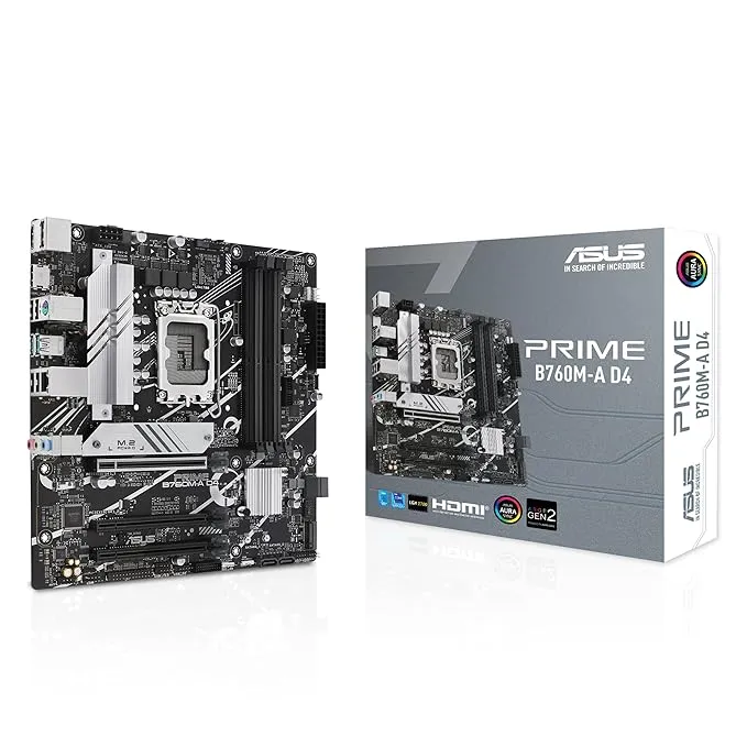 ASUS Prime B760M-A D4 (LGA 1700) mATX Motherboard, PCIe 4.0, Two M.2 Slots, Realtek 2.5Gb Ethernet, DisplayPort, Dual HDMI, SATA 6 Gbps, Rear USB 3.2 Gen 2, Front USB 3.2 Gen 1 Type C, Aura Sync, DDR4