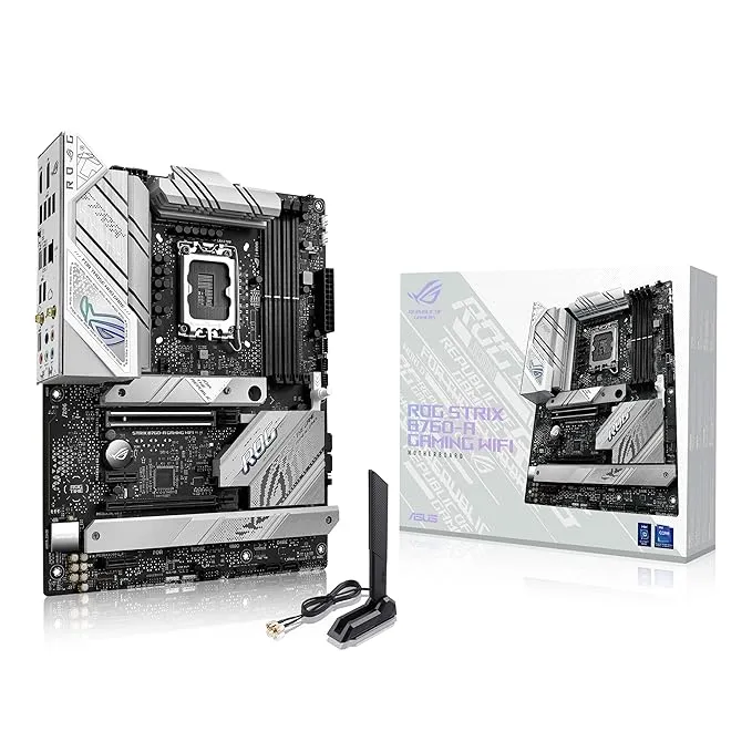 ASUS ROG Strix B760-A Gaming WiFi Intel LGA 1700 white ATX motherboard, 12 + 1 power stages, DDR5, PCIe 5.0, three M.2 slots, WiFi 6E, USB 3.2 Gen 2x2 Type-C, and Aura Sync RGB