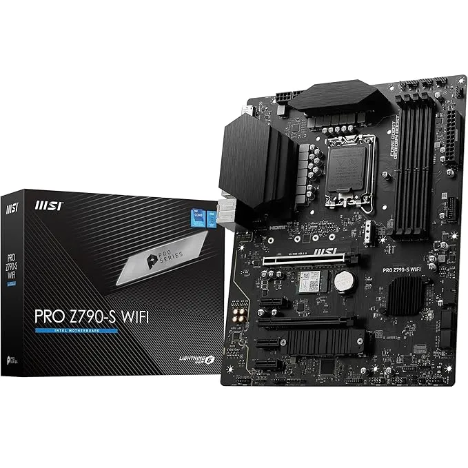 intel MSI PRO Z790-S WIFI Motherboard, ATX - Supports 14th/13th/12th Gen Intel Core Processors, LGA 1700 - DDR5 Memory Boost 6600+MHz/OC, PCIe 5.0 x16 Slot, M.2 Gen4 Slots, Wi-Fi 6E, 2.5G LAN