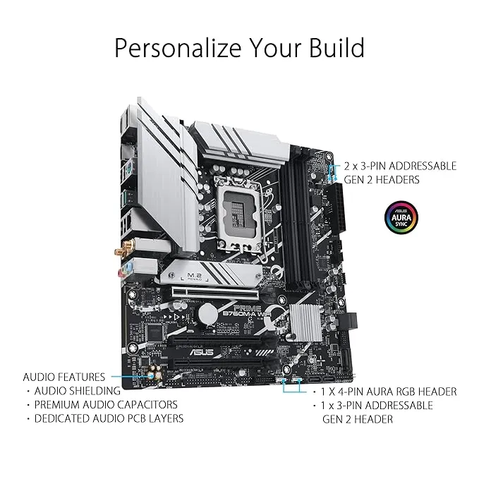 ASUS Prime B760M-A WiFi Intel LGA 1700 mATX Motherboard with PCIe 4.0, DDR5, Two M.2 Slots, 2.5Gb Ethernet, Wi-Fi 6, DisplayPort, HDMI, SATA 6Gbps, Rear USB 3.2 Gen 2, Front USB 3.2 Gen 1 Type-C