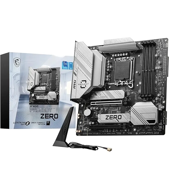 intel MSI B760M PROJECT ZERO, Back-connect Micro-ATX - Supports 14th/13th/12th Gen Intel Core Processors, LGA 1700-75A DrMOS VRM, DDR5 Memory Boost 7800+MHz/OC, PCIe 5.0 x16, 2 x M.2 Gen4, Intel Wi-Fi 6E