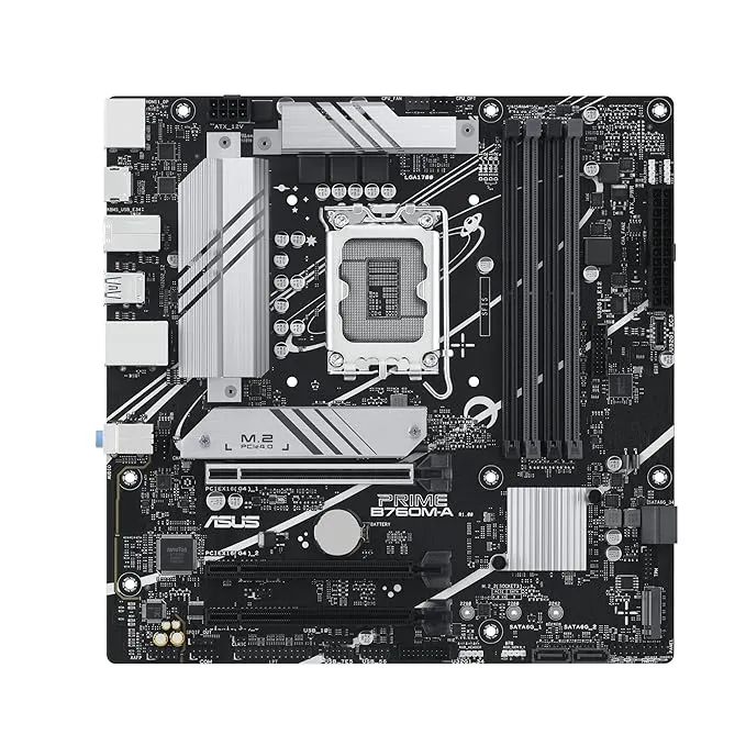 ASUS PRIME B760M-A Intel LGA 1700 mATX motherboard with PCIe 4.0, DDR5, two M.2 slots, Realtek 2.5Gb Ethernet, DisplayPort, HDMI, SATA 6Gbps, rear USB 3.2 Gen 2, front USB 3.2 Gen 1 Type-C, Aura sync