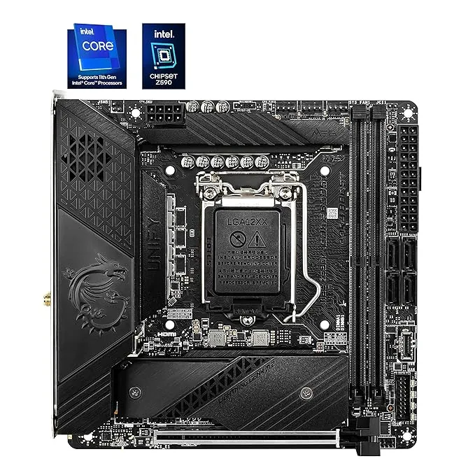 intel MSI MEG Z590I UNIFY Gaming Motherboard Mini-ITX - Supports Intel Core 11th Gen Processors, LGA 1200-8+1+1 Phase 90A SPS, DDR4 Boost (5600MHz/OC), PCIe 4.0 x16, 2 x M.2 Gen4/3 x4, Wi-Fi 6E