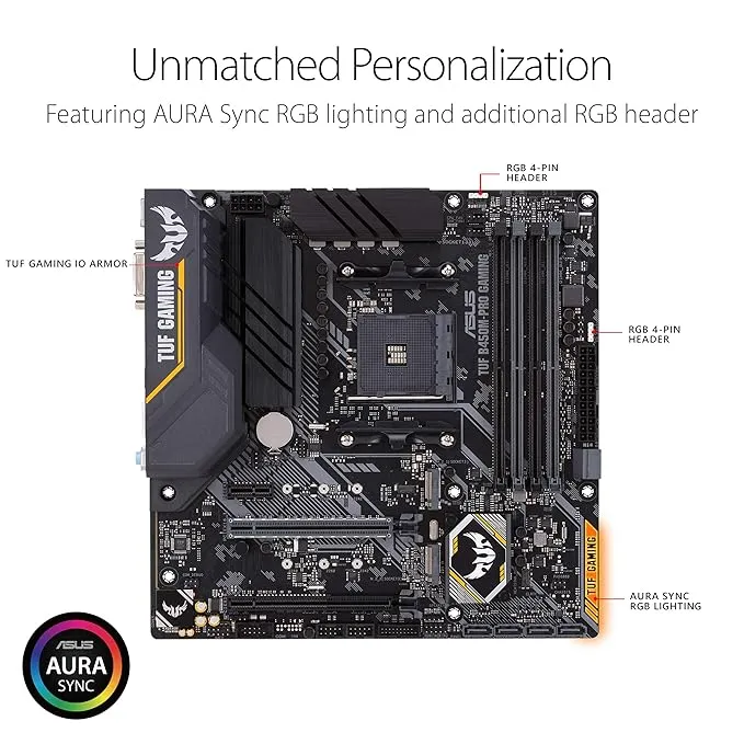 ASUS TUF B450M-Pro (AMD AM4 Socket AMD Ryzen 3rd & 2nd Gen) mATX Gaming Motherboard with Aura Sync RGB LED Lighting DDR4 3533MHz Support Dual M.2 and Native USB 3.1 Gen2 (TUFB450M-PROGAMING)