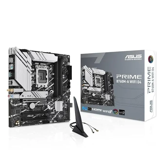 ASUS Prime B760M-A WiFi D4 (LGA 1700) mATX Motherboard, PCIe 4.0, M.2 Slots, 2.5Gb Ethernet, Wi-Fi 6, Dual HDMI, DDR4, SATA 6 Gbps, Rear USB 3.2 Gen 2, Front USB 3.2 Gen 1 Type-C, Aura Sync