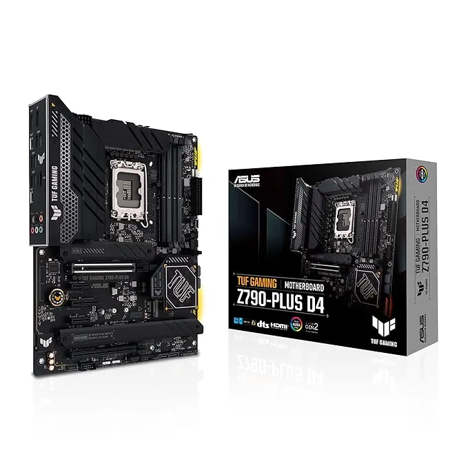 ASUS TUF GAMING Z790-PLUS D4 Intel Z790 LGA 1700 ATX Gaming motherboard with 16+1 DrMOS power stages, PCIe 5.0, DDR4 RAM support, M.2 slots, USB 3.2 Gen 2x2 Type-C, and Aura Sync RGB lighting.