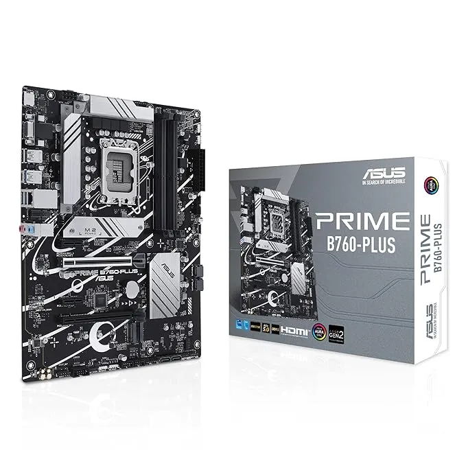 ASUS PRIME B760-PLUS (LGA 1700) ATX motherboard, PCIe 5.0, 3 PCIe 4.0 M.2 slots, DDR5, DisplayPort, VGA, HDMI, SATA 6 Gbps, rear USB 3.2x2 Type-C, front USB 3.2 Type-C, Thunderbolt support, Aura Sync