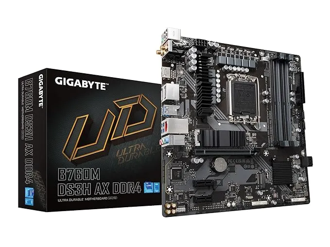 GIGABYTE B760M DS3H AX DDR4 (LGA 1700/ Intel/ B760/ M-ATX/ DDR4/ 2* M.2/ PCIe 4.0/ USB 3.2 Gen 2 Type-C/WiFi 6E/ 2.5GbE LAN/Q-Flash Plus/PCIe EZ-Latch/Gaming Motherboard)