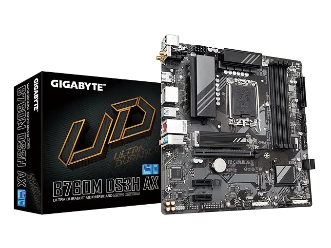 GIGABYTE B760M DS3H AX (LGA 1700/ Intel/ B760/ M-ATX/ DDR5/ 2* M.2/ PCIe 4.0/ USB 3.2 Gen 2 Type-C/WiFi 6E/ 2.5GbE LAN/Q-Flash Plus/PCIe EZ-Latch/Motherboard)