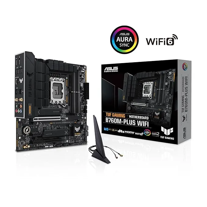 ASUS TUF Gaming B760M-PLUS WIFI (LGA 1700) mATX motherboard DDR5, PCIe 5.0 slot, 4.0 M.2 slots, 12+1 DrMOS,Wi-Fi 6, Realtek 2.5Gb Ethernet, DisplayPort, HDMI, front USB 3.2 Gen 2 Type-C, Aura Sync