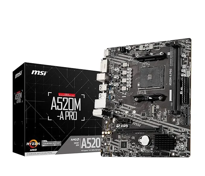 intMSI A520M-A PRO Motherboard (AMD Ryzen 3000 3rd Gen AM4, DDR4, M.2, USB 3.2 Gen 1, HDMI, Micro ATX)el