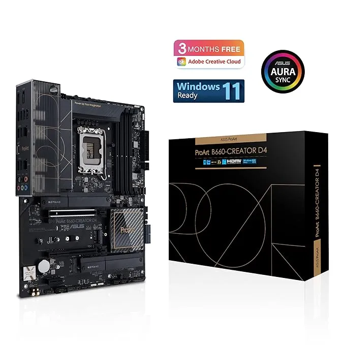 ASUS ProArt B660-Creator D4, Intel B660 (LGA1700) ATX Motherboard, 12+1 Power Stages (50 A), PCIe 5.0, DDR4, USB-C DisplayPort, 2.5 Gb and 1 Gb Ethernet, Three M.2 Slots